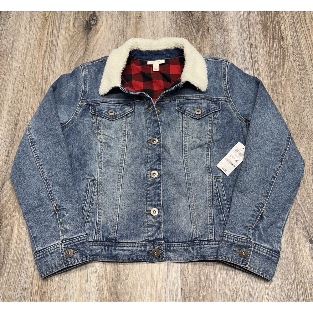NWT Denim Barn Jacket Womens L Button Front Buffalo Plaid Sherpa Lined Ranchcore